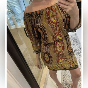 Boston Proper Muse Size 4 Brown Yellow Jersey Off The Shoulder Dress